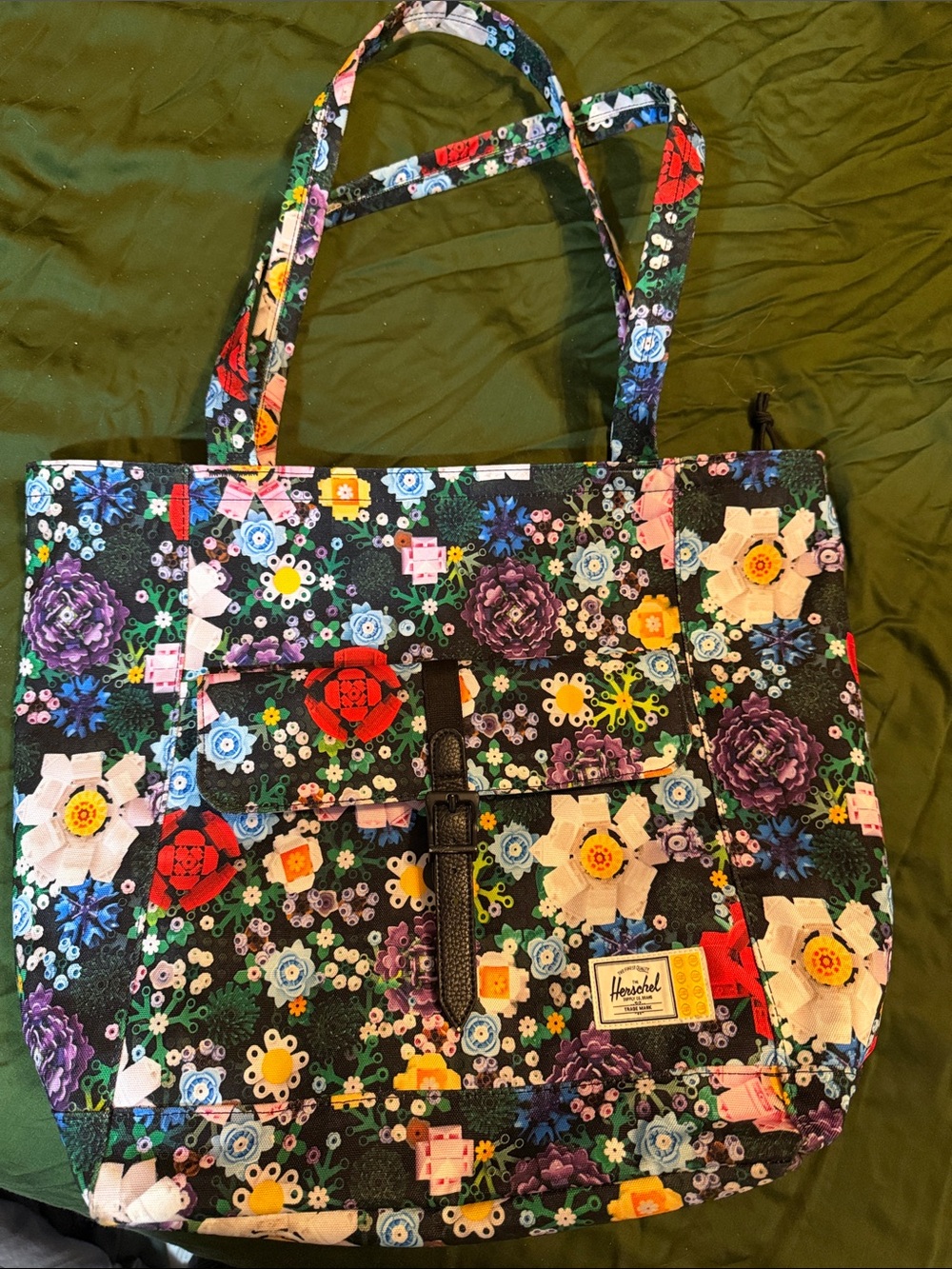 Herschel Supply Company Black Floral Print Tote with Multicolor Blooms